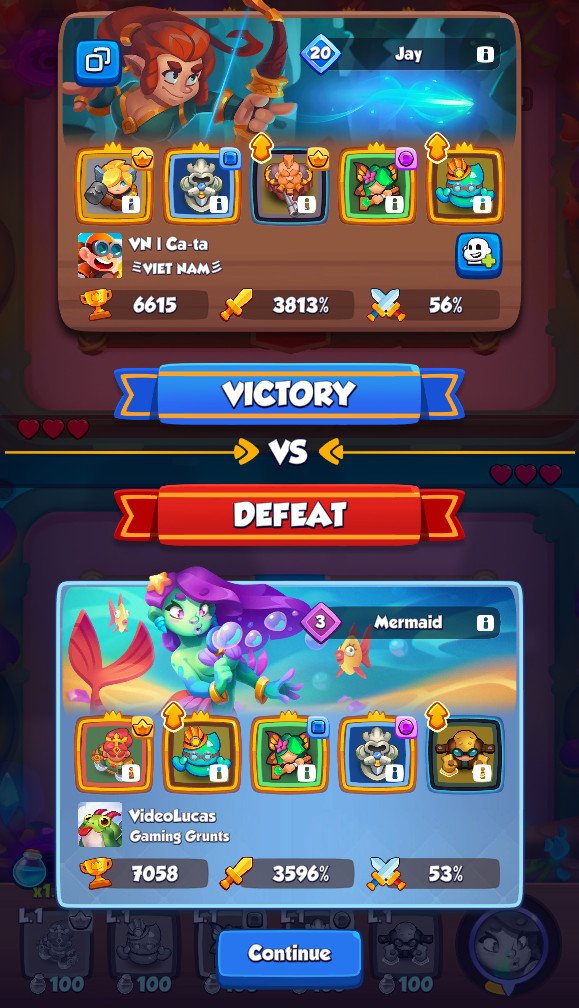 rush royale challenge of seven PvP event screen screenshot image img victory defeat results videolucas mermaid battle damage