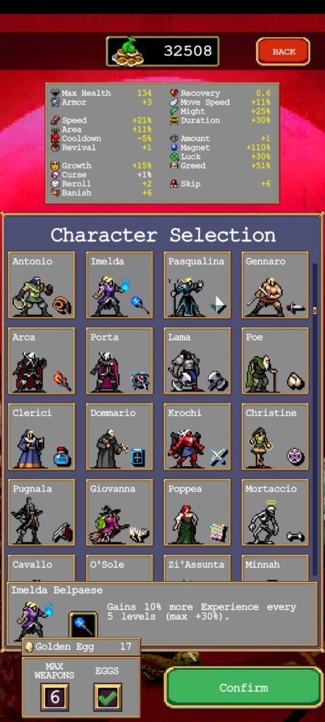 Vampire Survivors Review roguelike roguelite shoot'em up mobile android iOS free to play collect collection weapon enemies unlock character selection screen Imelda 