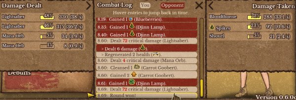 Backpack Battles tips: open combat log to see battle details weapons damage